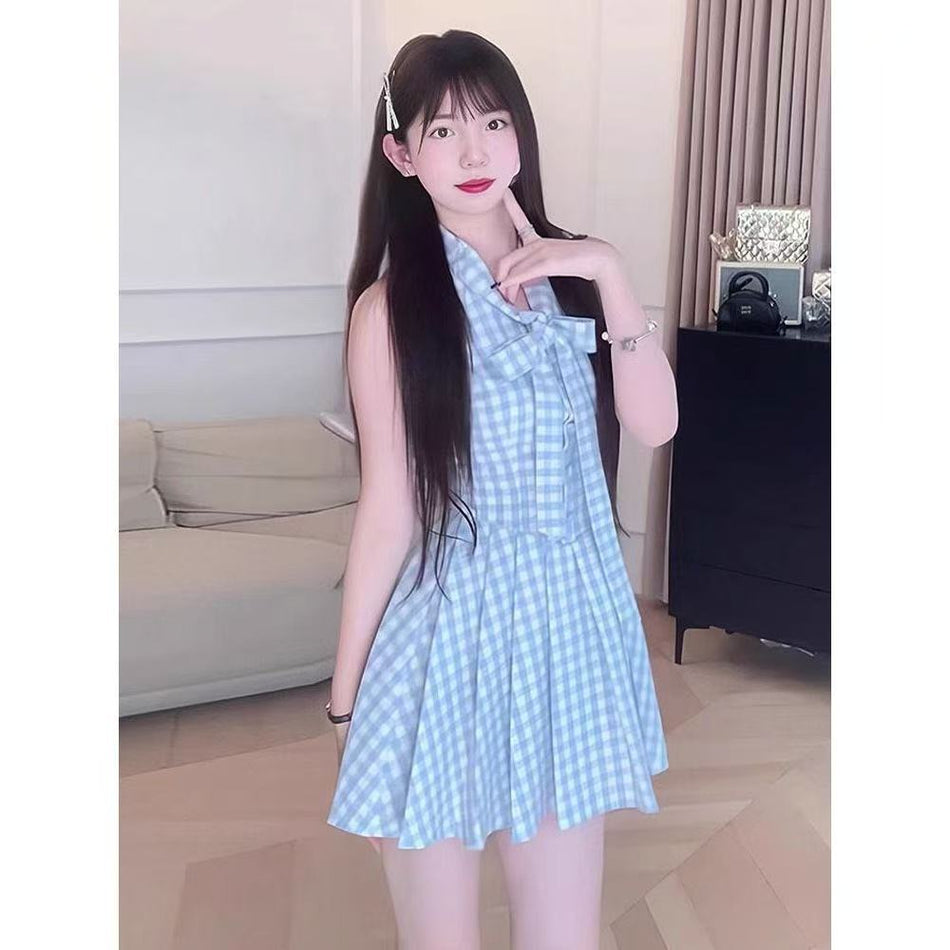Blue Plaid Sleeveless Pleated Dress Women Summer