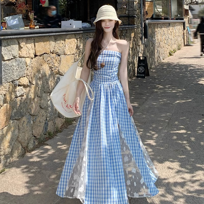 Blue Plaid Lace Strap Dress Women Summer Beach Elegant