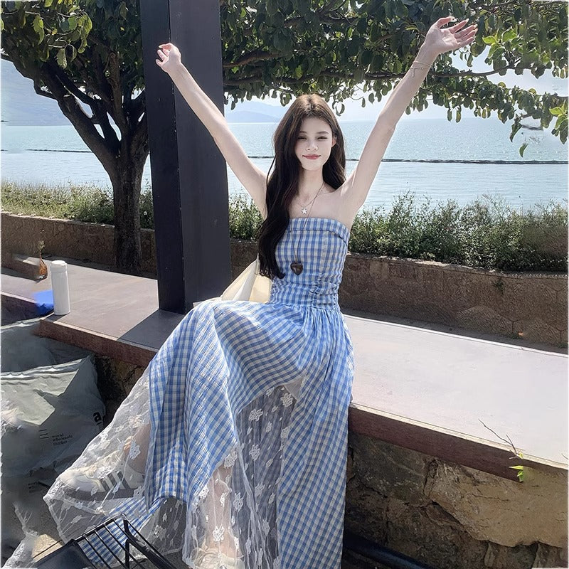 Blue Plaid Lace Strap Dress Women Summer Beach Elegant
