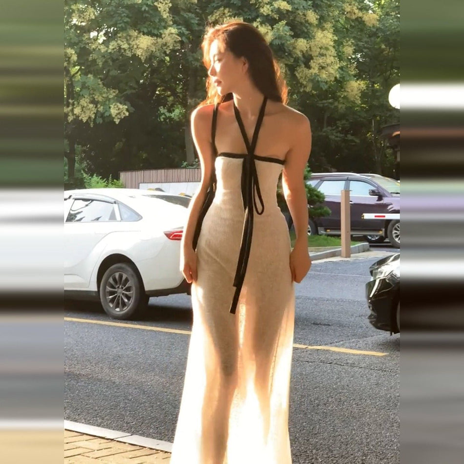 French Halter Tube Maxi Dress Women Summer Elegant Gold