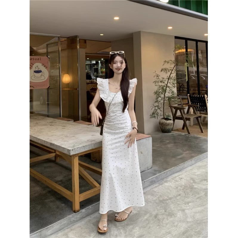White Polka Dot Ruffle Dress Women Summer Elegant