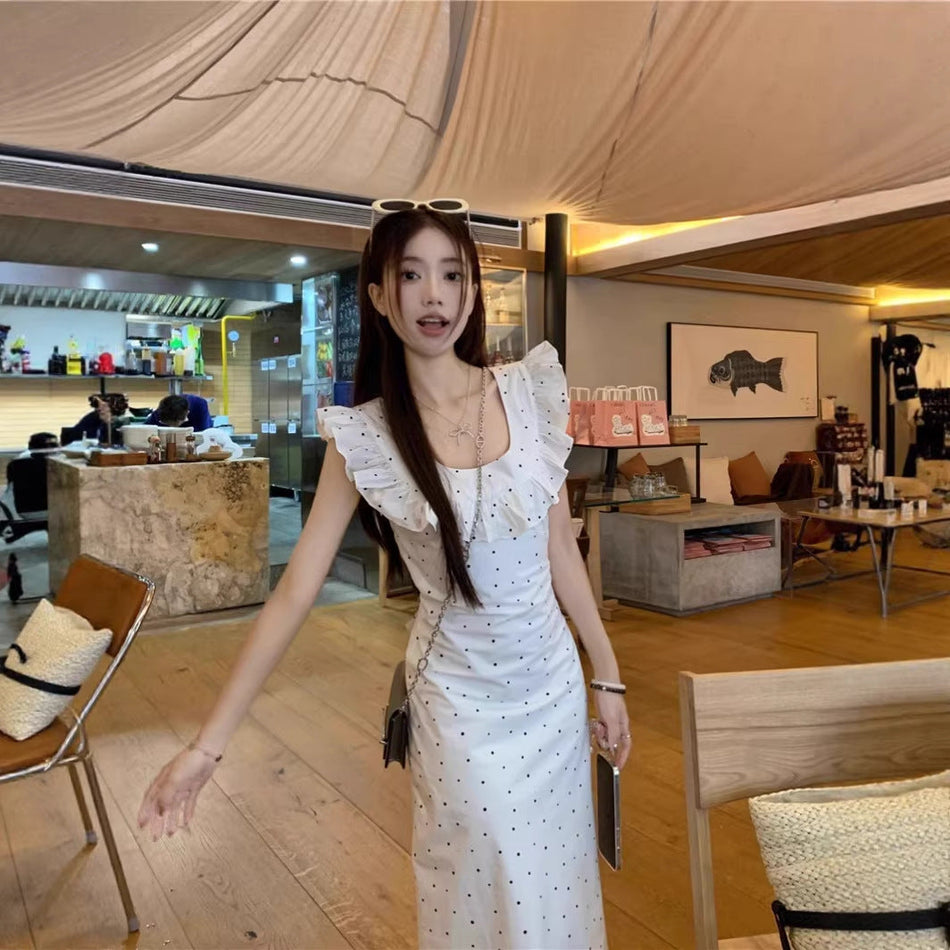 White Polka Dot Ruffle Dress Women Summer Elegant