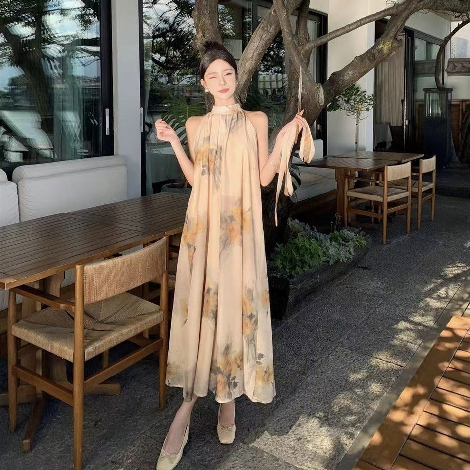 Chinese Style Neck Strap Dress Women Summer Elegant