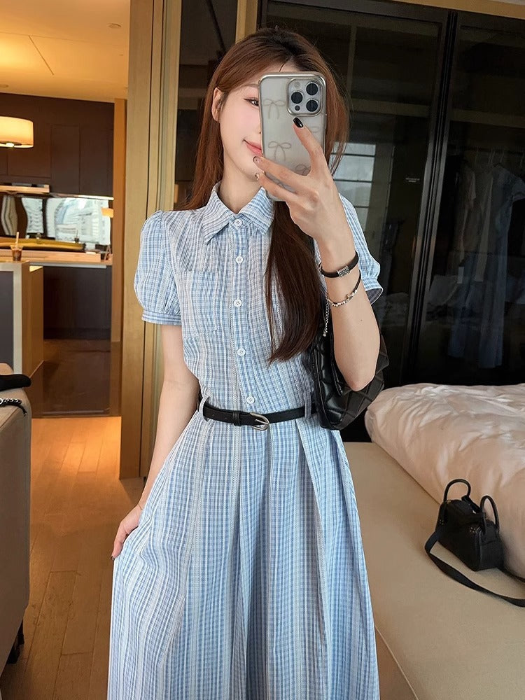 French Plaid Shirt Long Dress Women Summer Elegant