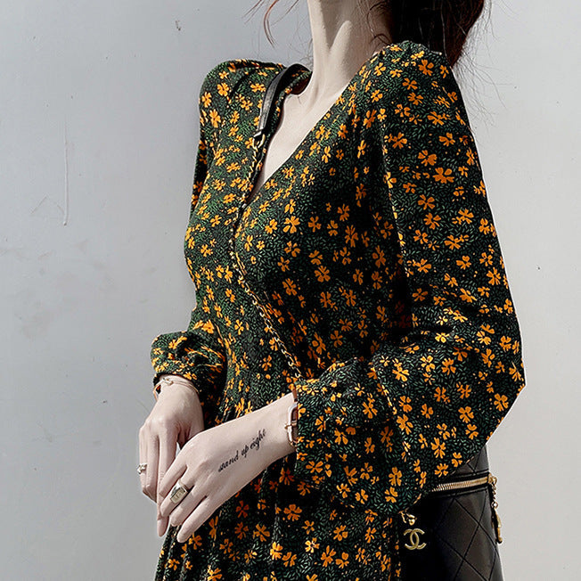 Vintage Floral V-Neck Dress Women Autumn Elegant Ruffle