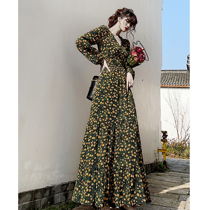 Vintage Floral V-Neck Dress Women Autumn Elegant Ruffle