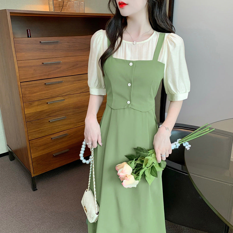 Green Two Piece Sling Dress Women Summer Elegant
