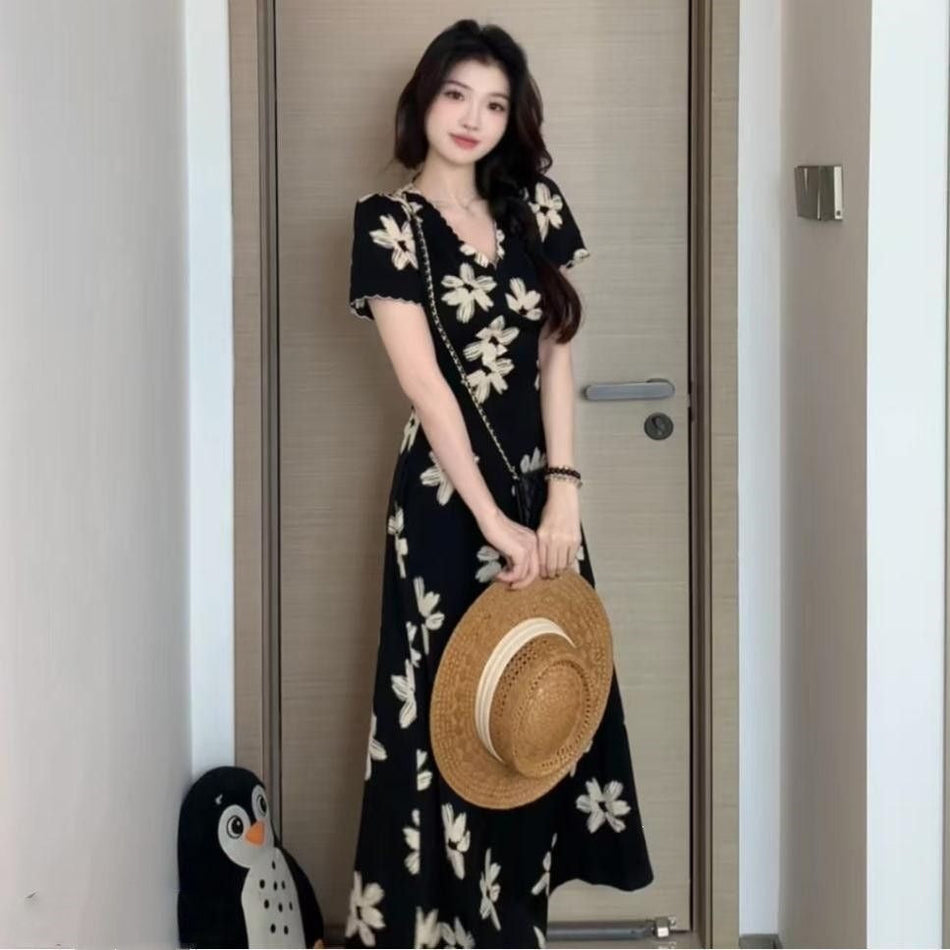 Retro French V-Neck Floral Dress Women Elegant Summer