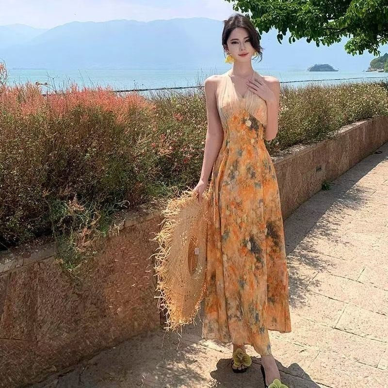 Yellow Halter Floral Dress Women Summer Beach Elegant