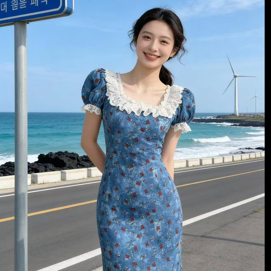 Blue Floral Sunset Rose Dress Women Summer Elegant