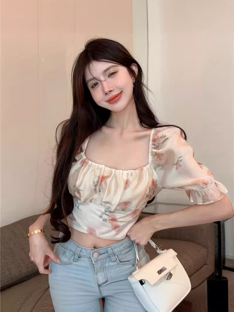 Floral Square Collar Shirt Dress Women Summer Elegant