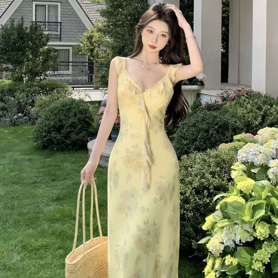 Yellow Floral Strap Ruffle Dress Women Summer Elegant