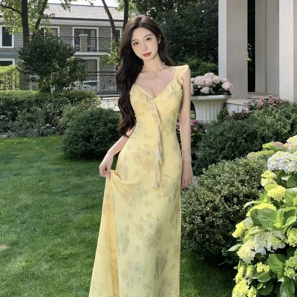 Yellow Floral Strap Ruffle Dress Women Summer Elegant