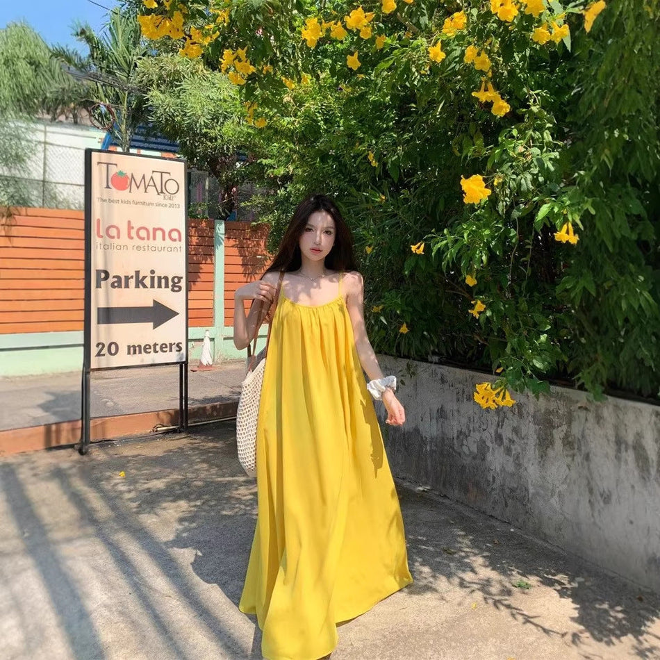 Seaside Yellow Backless Summer A-Line Dress Women