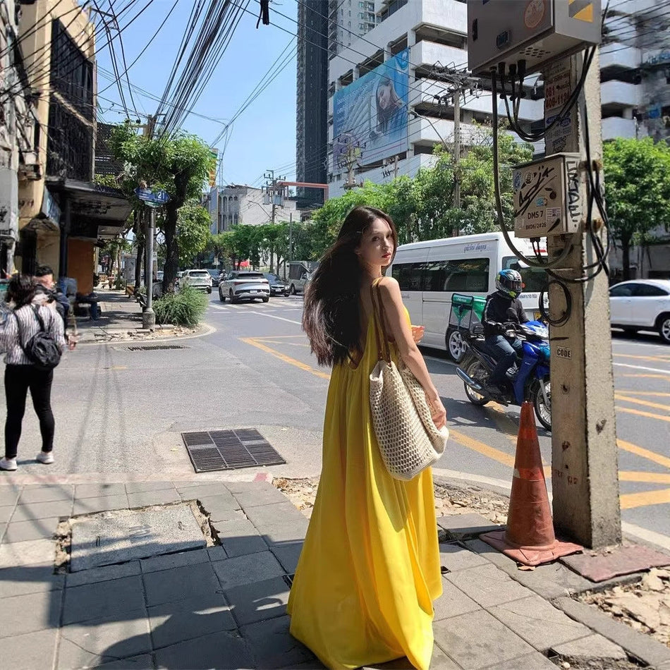 Seaside Yellow Backless Summer A-Line Dress Women