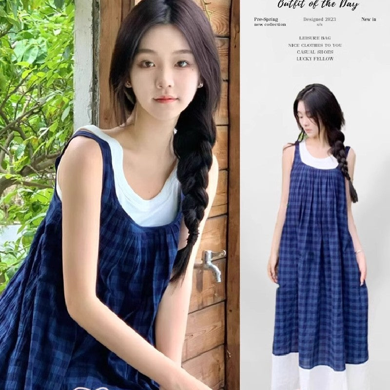 Blue Plaid Mori Sleeveless Summer A-Line Dress Women