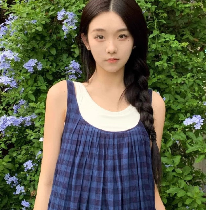 Blue Plaid Mori Sleeveless Summer A-Line Dress Women