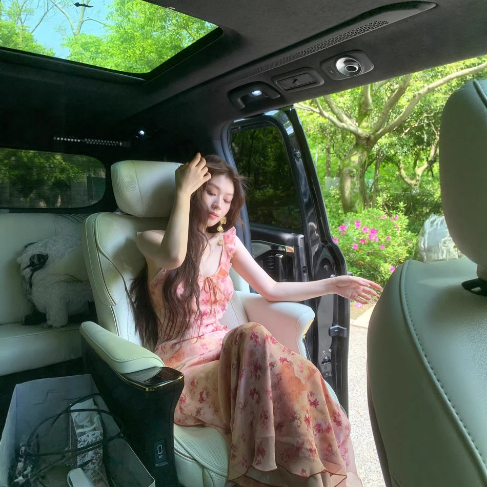Pink Floral French Strap Summer Dress Women 2025