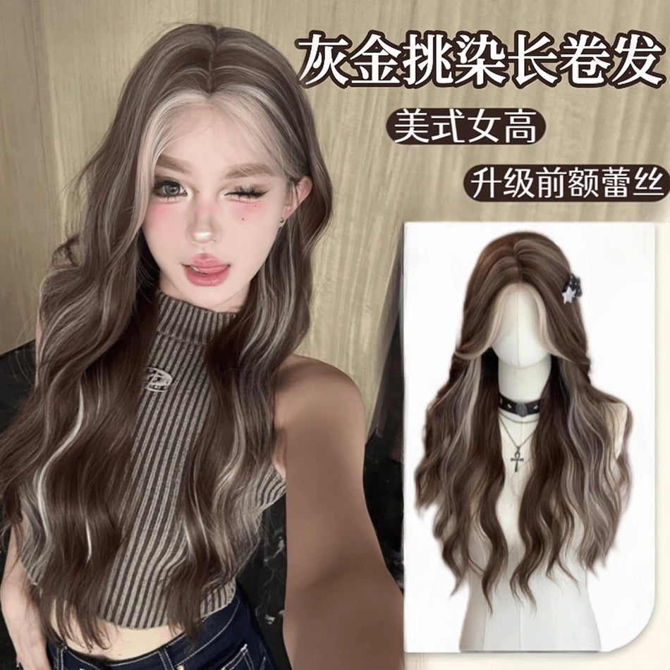 Women’s Gray Gold Long Curly Lace Front Wig