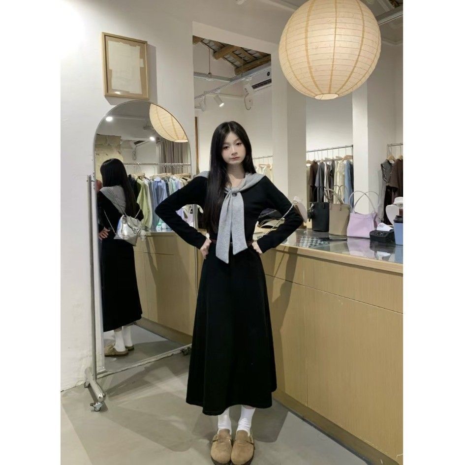 French Hooded Shawl Midi Dress Women Autumn 2025