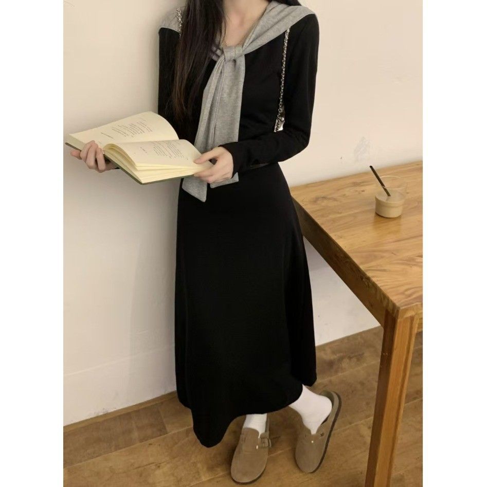 French Hooded Shawl Midi Dress Women Autumn 2025