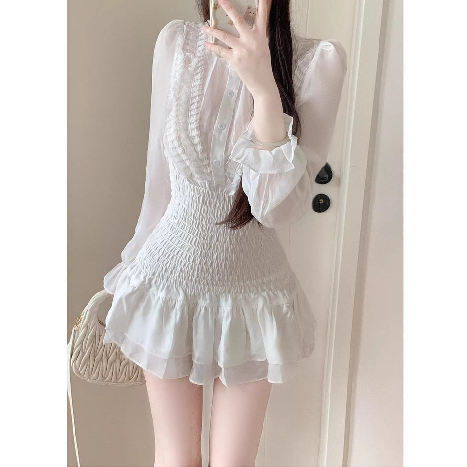 French White Long Sleeve Fairy Dress Women Autumn