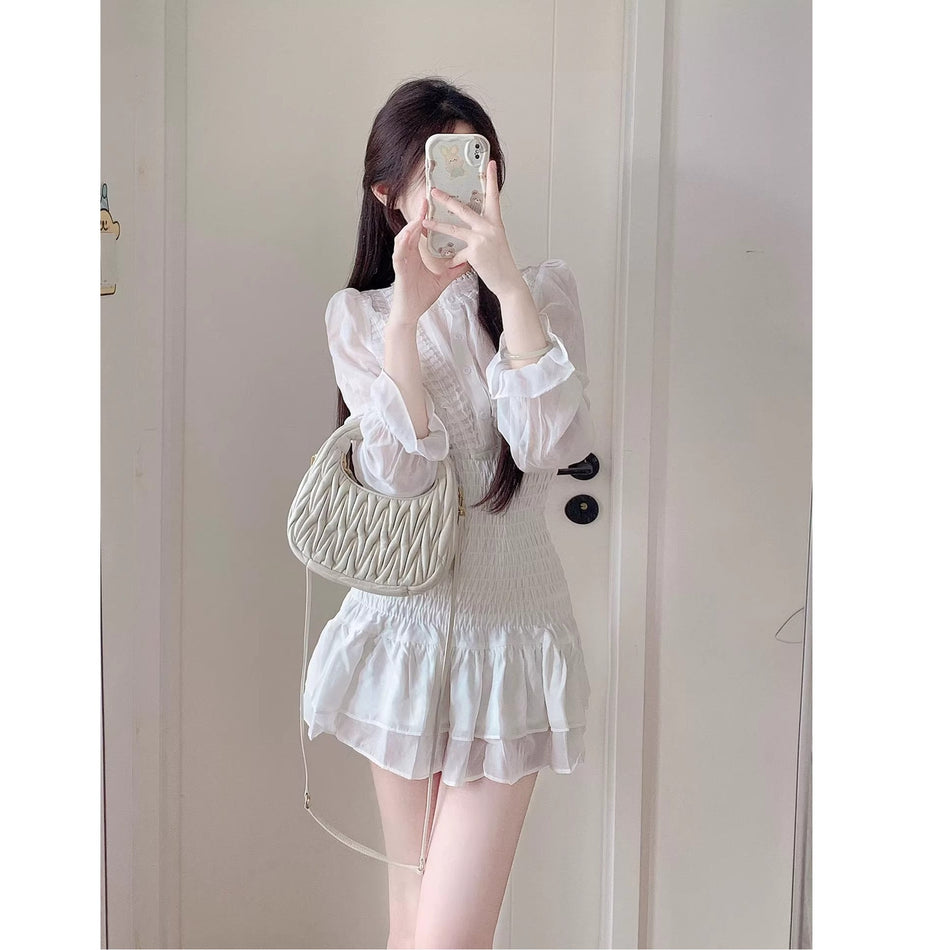 French White Long Sleeve Fairy Dress Women Autumn