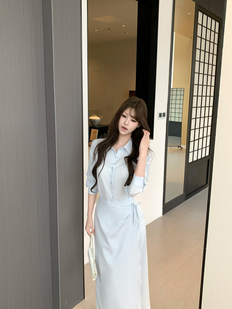 Blue Fake Two Piece Shirt Dress Women Autumn Elegant