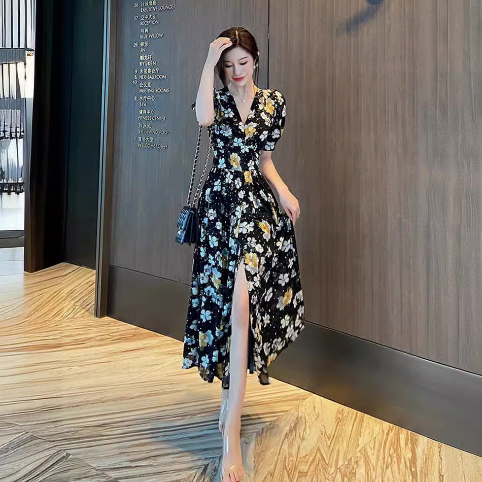 Floral French V-Neck Princess Dress Women Slim Midi