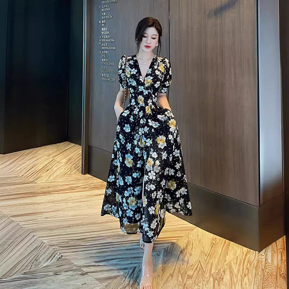 Floral French V-Neck Princess Dress Women Slim Midi