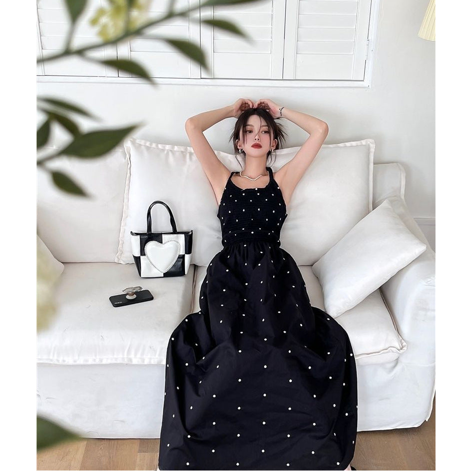 Black Polka Dot Suspender Dress Women Summer Retro