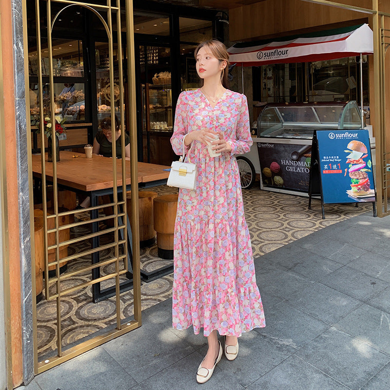 V-Neck Chiffon Ruffle Dress Women Spring Autumn 2024