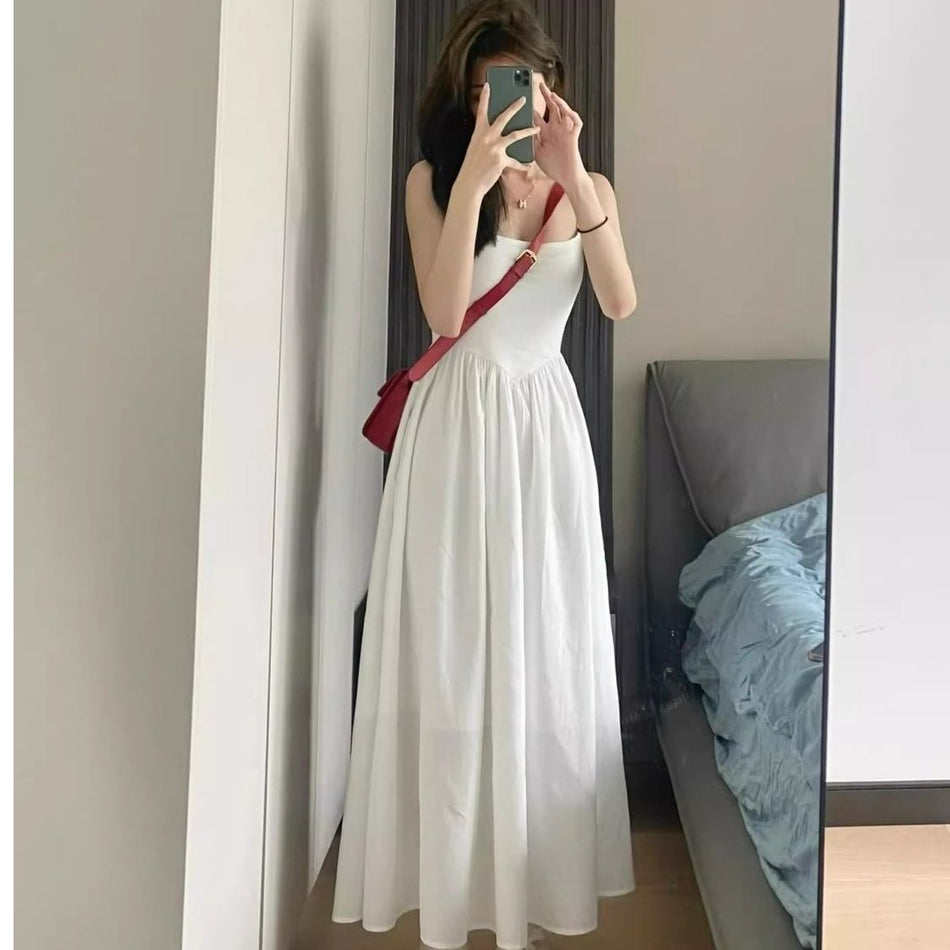 Elegant A-Line Suspender Dress Slim Waist Style