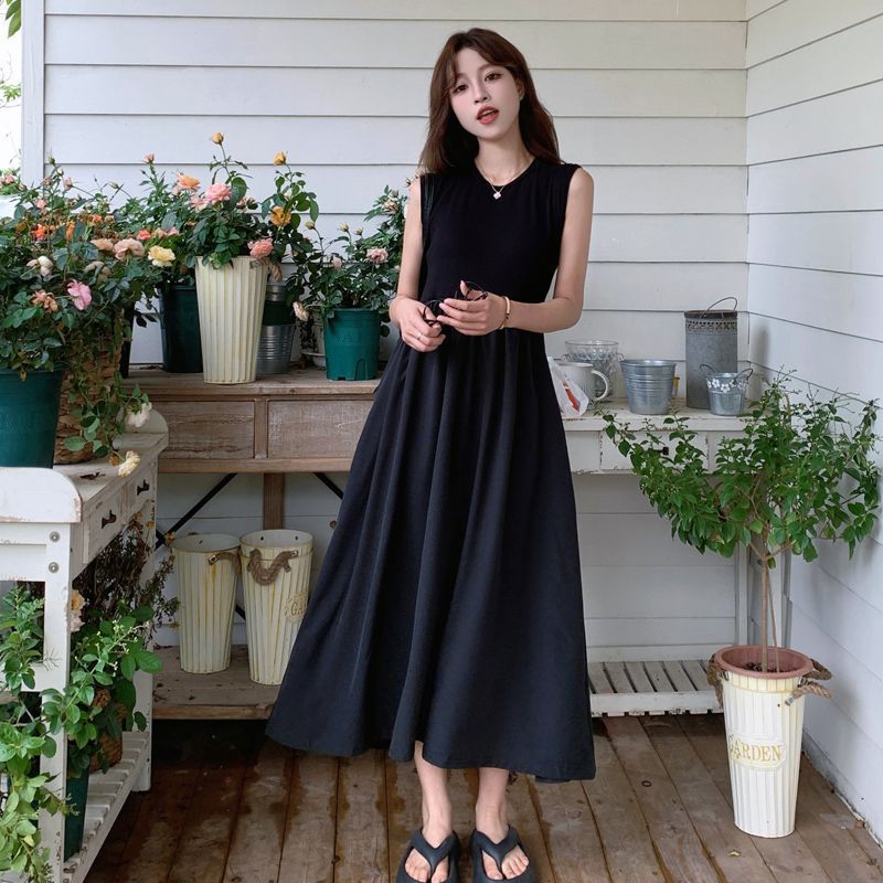 Hepburn Style Black Backless Summer Long Dress