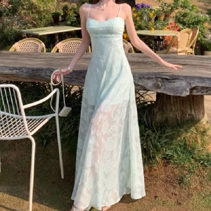 Lace Suspender Mint Long Dress Summer Vacation Style