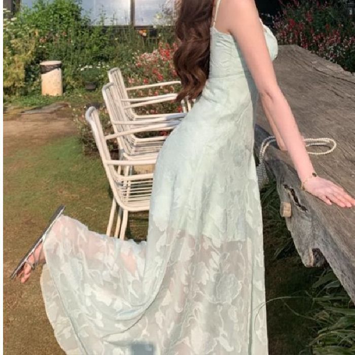 Lace Suspender Mint Long Dress Summer Vacation Style