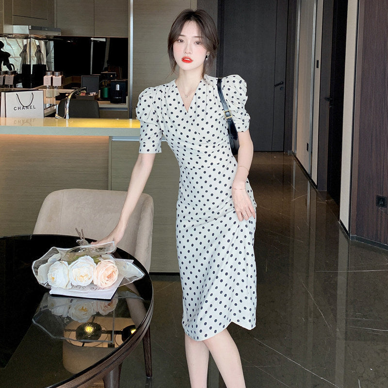 Polka Dot Cheongsam V-Neck Slim Fit Summer Dress