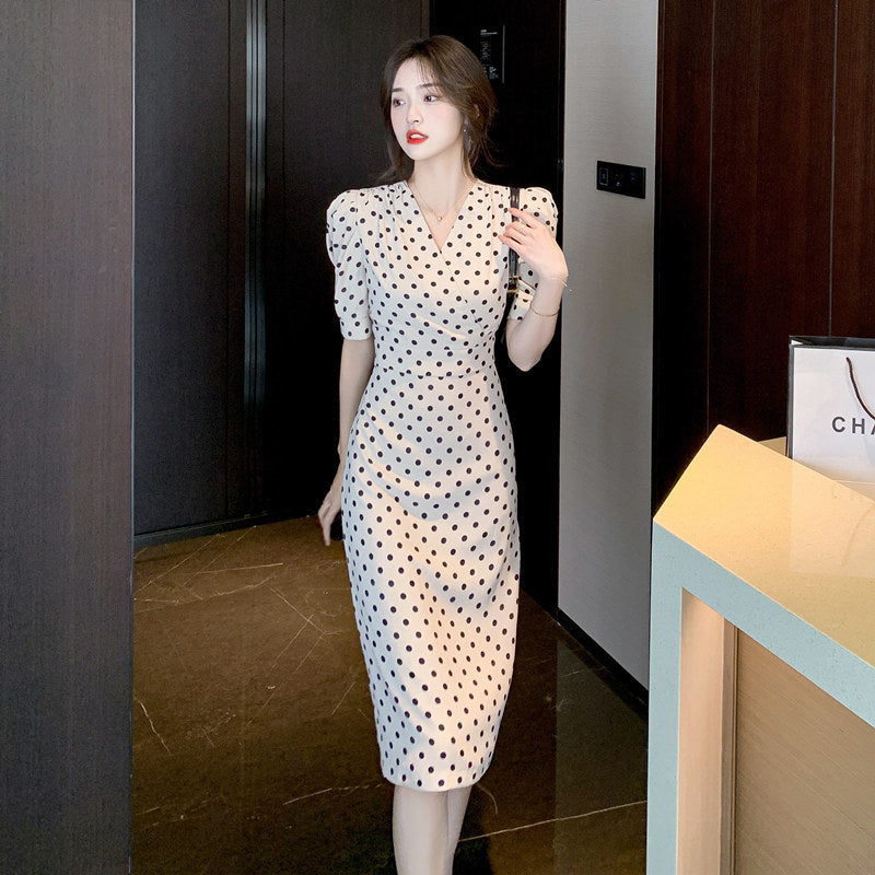 Polka Dot Cheongsam V-Neck Slim Fit Summer Dress