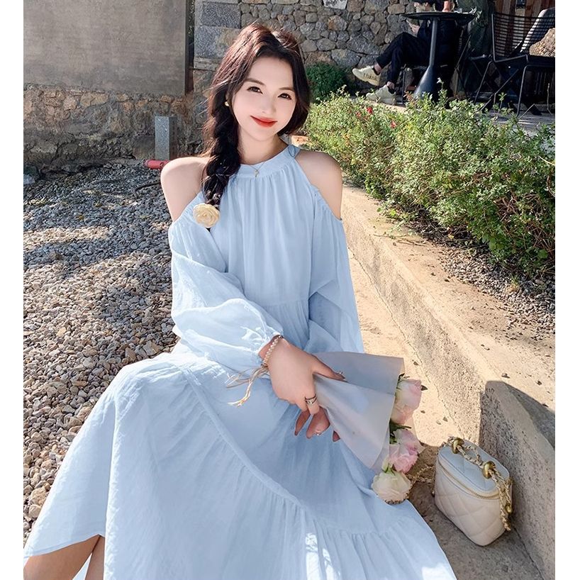 French Fairy Shoulder Long Dress Holiday Style
