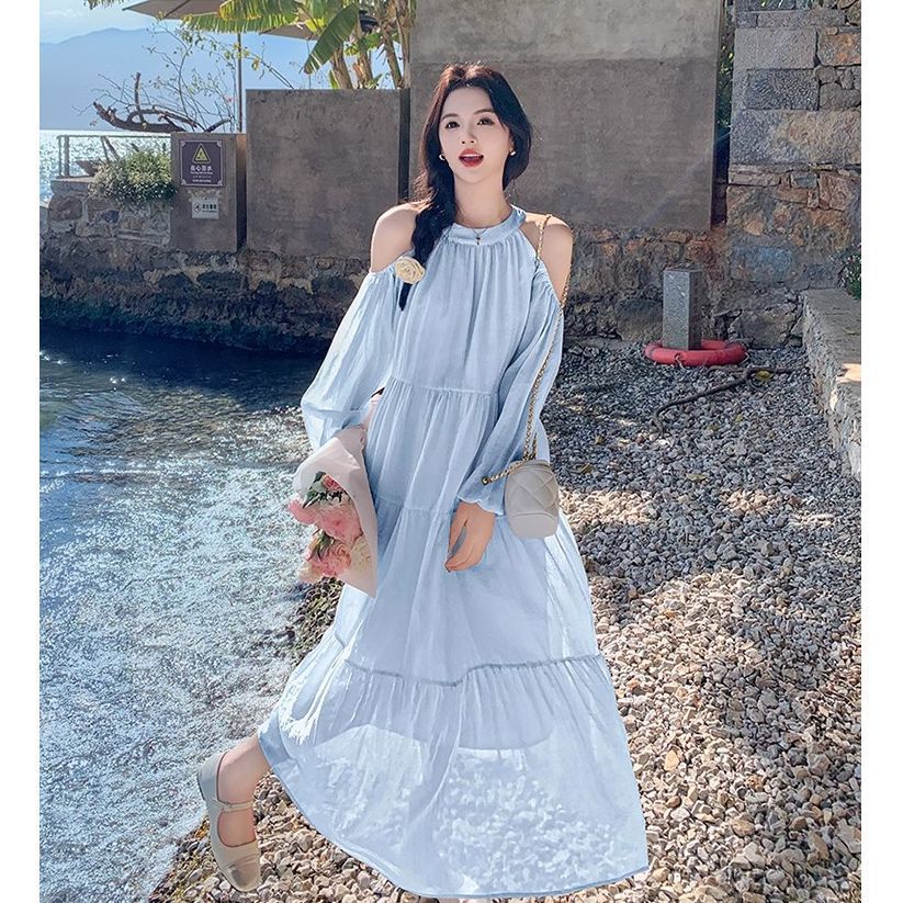 French Fairy Shoulder Long Dress Holiday Style