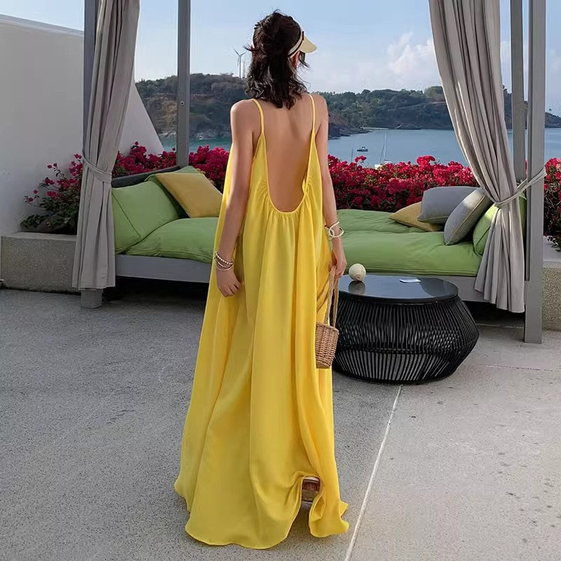 Yellow Backless A-Line Summer Vacation Long Dress