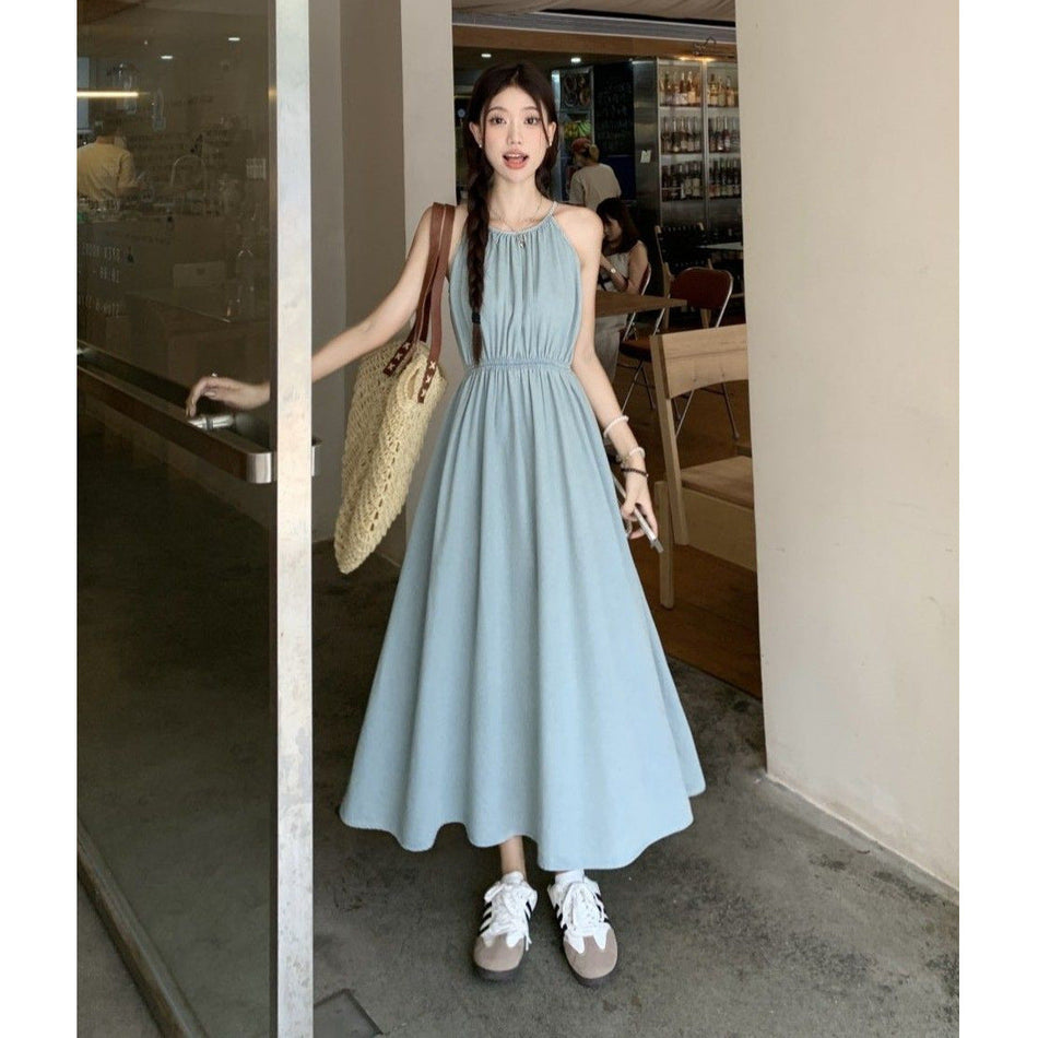 Blue French Sling Sleeveless Beach Long Dress