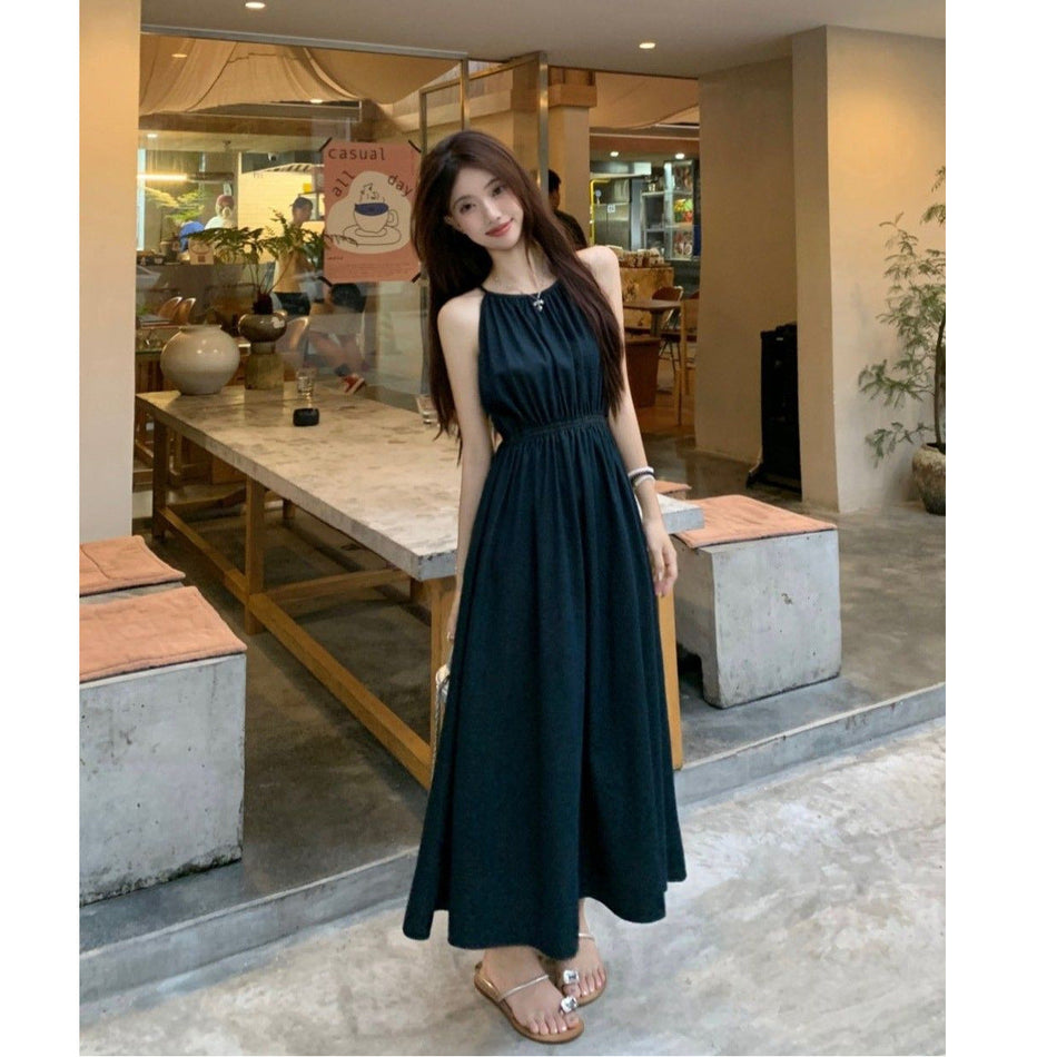 Blue French Sling Sleeveless Beach Long Dress
