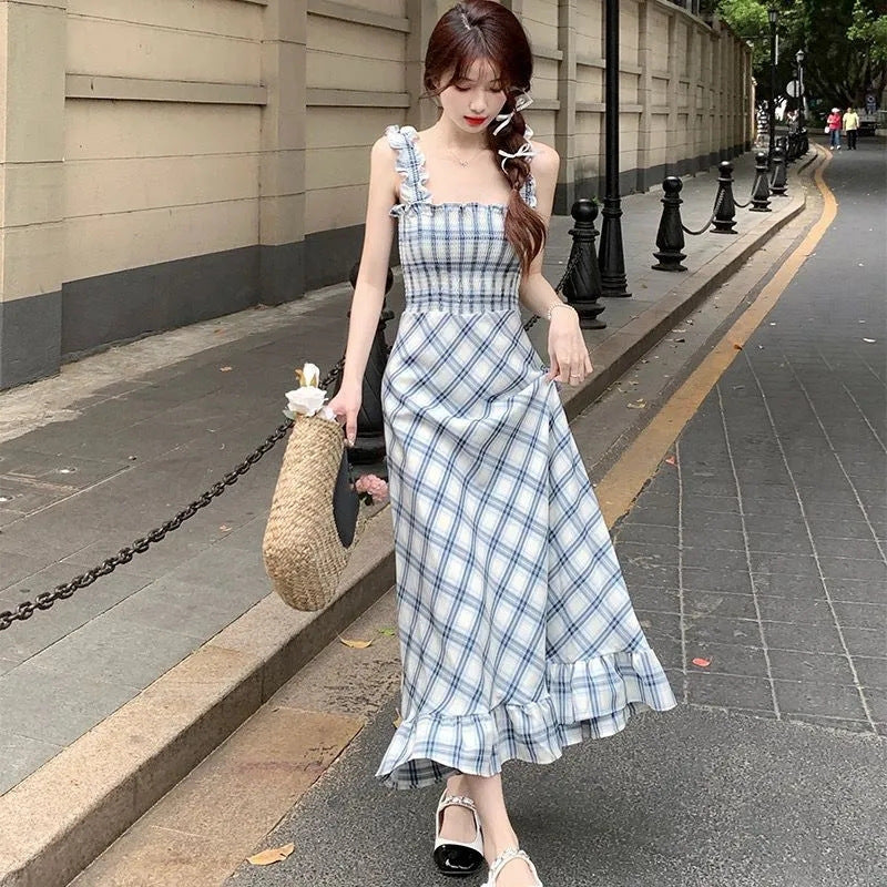 Plaid Square Collar High Waist Slim Slip Dress