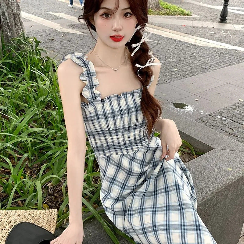 Plaid Square Collar High Waist Slim Slip Dress