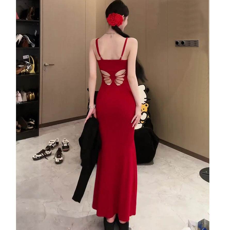 STOCK-French Sling Fishtail Hollow Out Long Dress Women