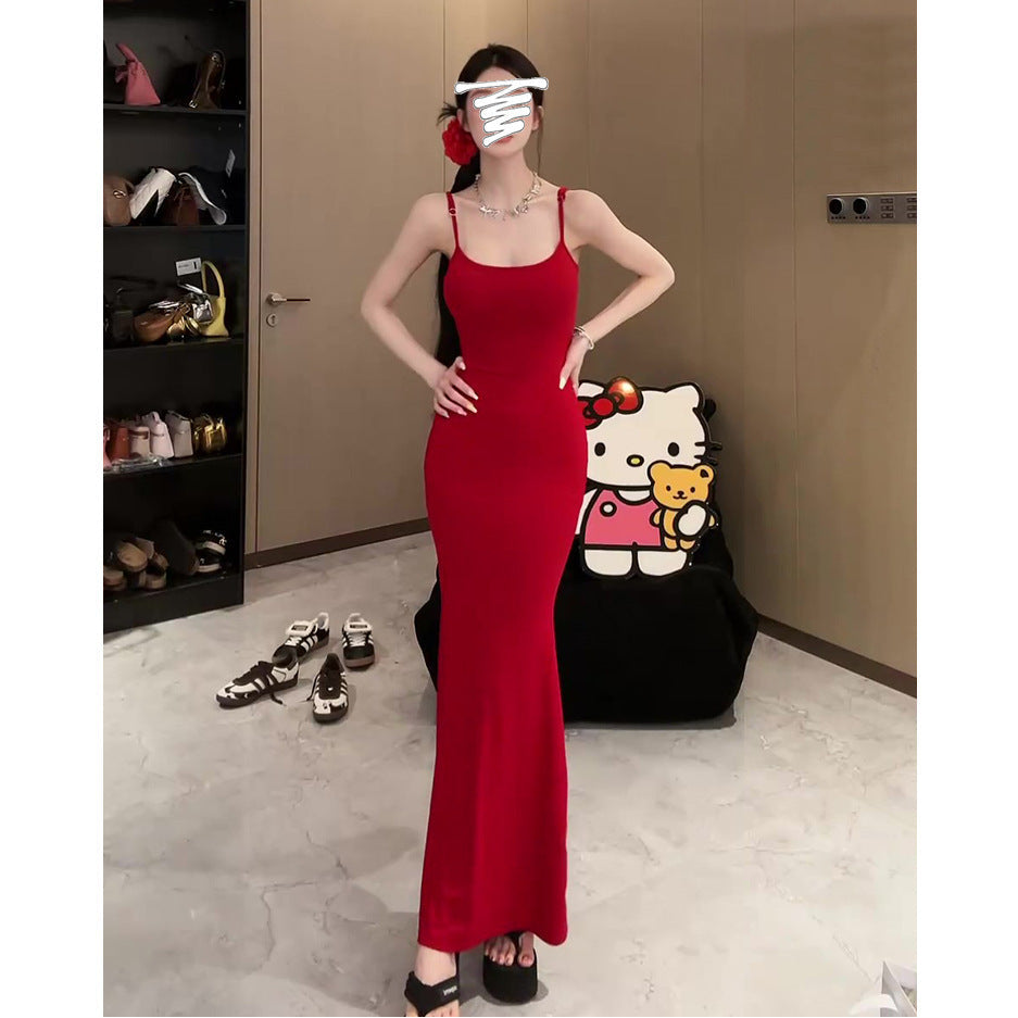 STOCK-French Sling Fishtail Hollow Out Long Dress Women
