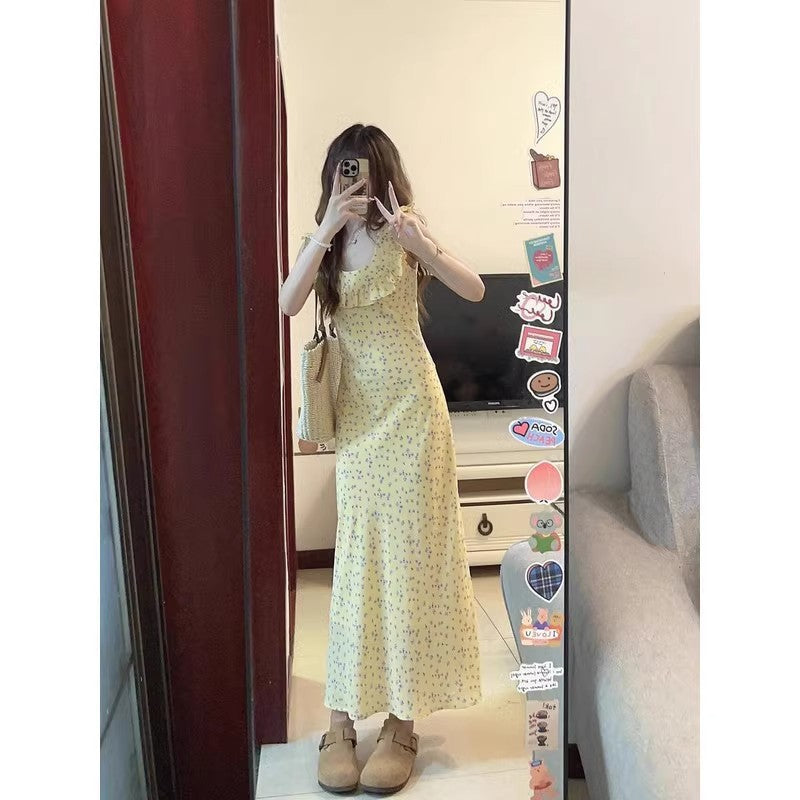 Floral Ruffle Lace Strap Midi Slim Fit Dress