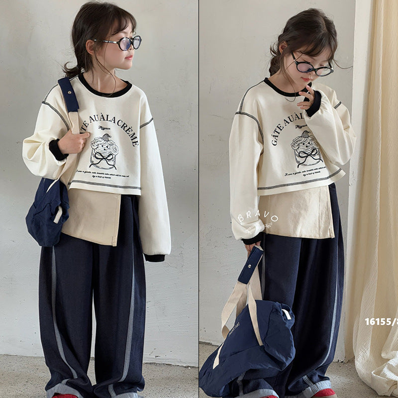 Girls Cartoon Striped Korean Top – Autumn Long Sleeve – Outfit Sets – Image 1