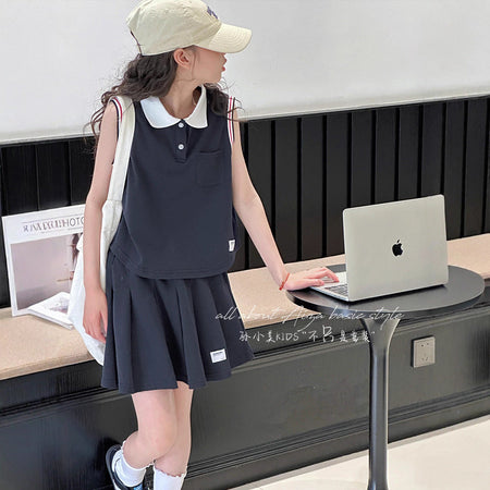 Girls Navy Blue Pleated Skirt Set – Summer Outfit – Outfit Sets – Image 1
